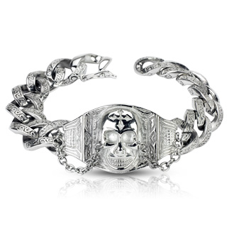 Bracelet homme acier � mailles grav�es et crane � croix