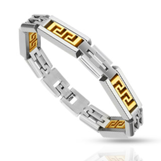 Bracelet homme acier � mailles rectangulaires et frise dor�e