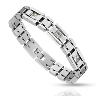 Bracelet homme acier � mailles rectangulaires serties