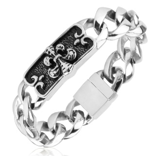 Bracelet homme acier � plaque noire grav�e et fleur de lys