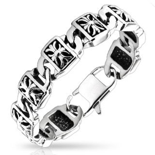 Bracelet homme acier � plaquettes avec croix en relief