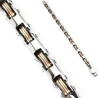 Bracelet homme en acier � maillons en "H" et barettes tricolores accol�es