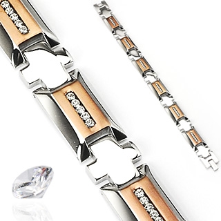 Bracelet homme en acier � maillons en pyramides bicolores serties et croix