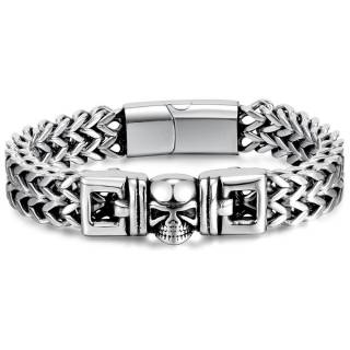 Bracelet homme acier � cr�ne et double-rang�e de maillons en V