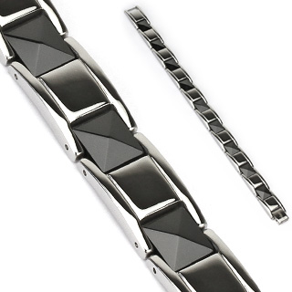 Bracelet homme acier et pyramides c�ramique noire