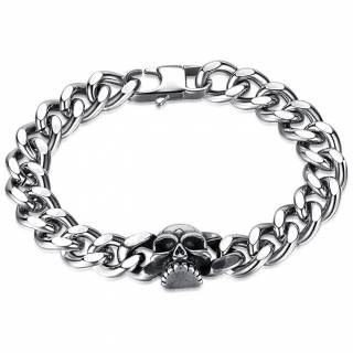 Bracelet homme acier � mailles cubaines et t�te de mort