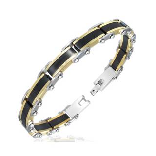 Bracelet homme acier maillons rectangulaires noirs et dor�s