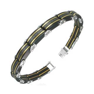 Bracelet homme acier noir � lignes dor�es et symbole grecs
