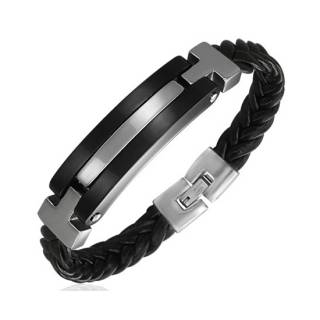 Bracelet homme acier noir et silver avec tresse similicuir
