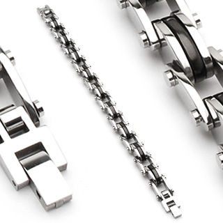 Bracelet homme acier style cha�ne m�canique noire et argent�e