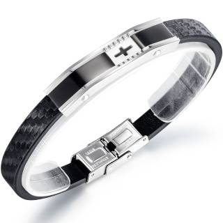Bracelet homme aspect tiss� � plaque d'acier avec petite croix