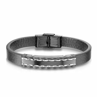 Bracelet homme bande de cuir et assemblage de pi�ces d'acier