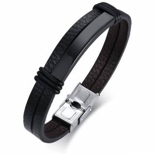 Bracelet homme � bandes similicuir et demi plaque d'acier Noire