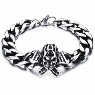 Bracelet homme biker en acier � crane et cl�s � molette