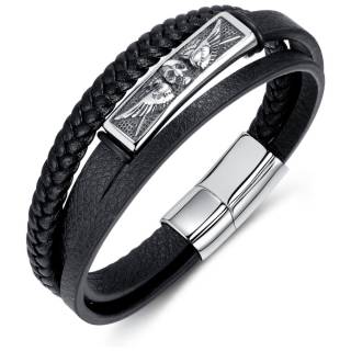 Bracelet homme biker similicuir � plaque avec Cr�ne ail� "SKULL WINGS"