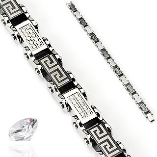 Bracelet homme en acier � rectangles sertis et d�cor�s de labyrinthes