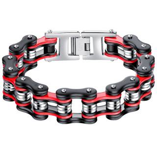 Bracelet homme chaine m�canique large en acier rouge, noir et gris