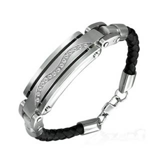Bracelet homme cuir � plaque acier et vague zircon