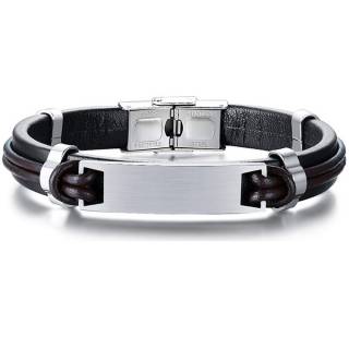 Bracelet homme cuir noir et marron � plaque acier inox