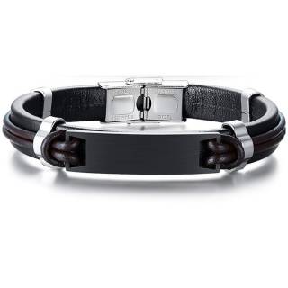 Bracelet homme cuir noir et marron � plaque acier noire