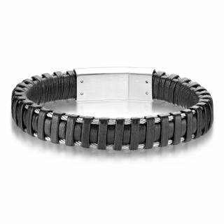 Bracelet homme cuir noir travers� de filins d'acier