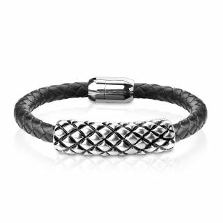 Bracelet homme � cylindre Inox gauffr� et tresse similicuir