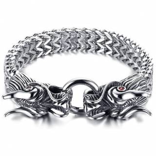 Bracelet homme double dragon oriental en acier � yeux rouges