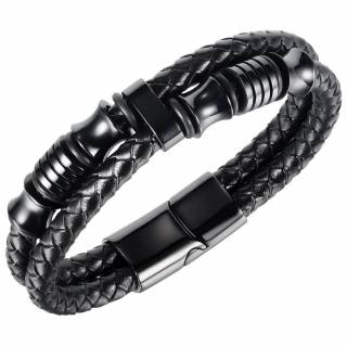 Bracelet homme double tresse cercl� de bagues noires en acier style m�canique