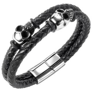 Bracelet homme double tresse similicuir � cranes d'acier