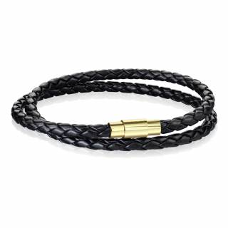 Bracelet homme double tresse similicuir cuir noire � attache dor�e
