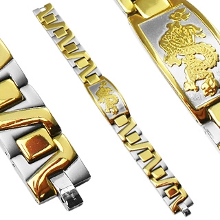 Bracelet homme dragon acier plaqu� or