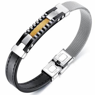 Bracelet homme duo ruban et mailles � plaque crant�e