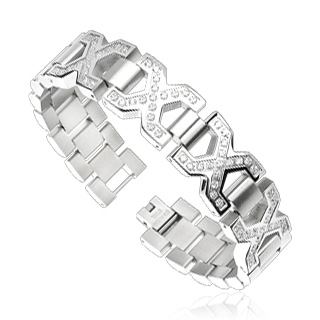 Bracelet homme en acier � larges maillons en "X" pav�s de pierres