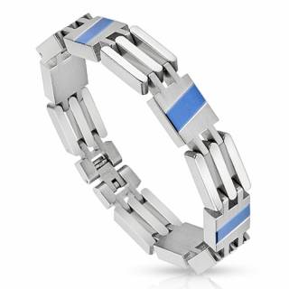Bracelet homme en acier � mailles carr�es avec diagonales bleues