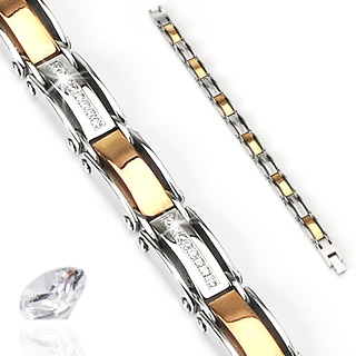 Bracelet homme en acier � maillons en rectangles bomb�s dor�s et sertis