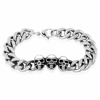 Bracelet homme en acier � maillons ovales et trio de cranes