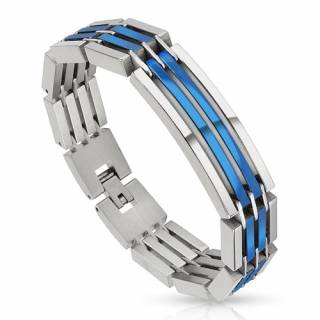 Bracelet homme en acier � segments argent�s et bleus