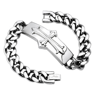 Bracelet homme en acier avec croix tr�fl�e sur large plaque