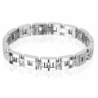 Bracelet homme en acier � barettes altern�es et 5 pierres carr�es