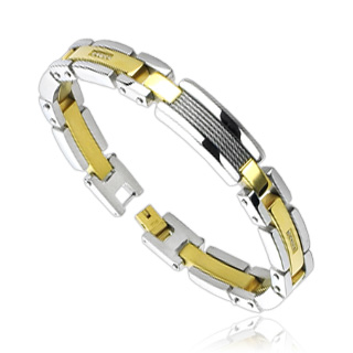 Bracelet homme en acier dor� et argent� avec plaque de filins