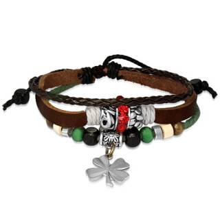 Bracelet homme en cuir � pendentif tr�fle et diverses perles