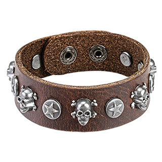 Bracelet homme en cuir craquel� marron avec cranes et �toiles