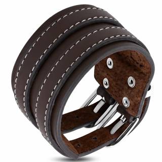 Bracelet homme en cuir marron double ceinture avec surpiq�re