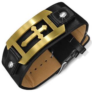 Bracelet homme en cuir noir avec croix dor�e encadr�e