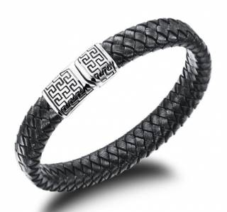 Bracelet homme en cuir noir tress� avec attache � motif labyrinthe