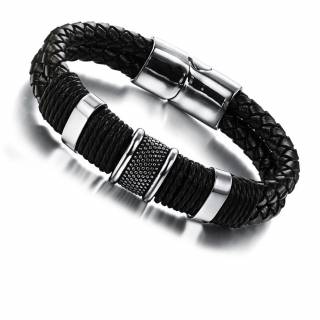 Bracelet homme en cuir tress� cercl� de bagues en acier