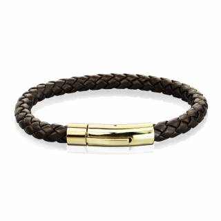 Bracelet homme en cuir tress� marron � attache cylindrique dor�e