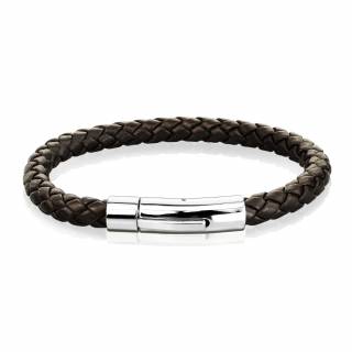 Bracelet homme en cuir tress� marron � attache cylindrique m�tal