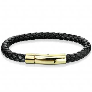 Bracelet homme en cuir tress� noir � attache cylindrique dor�e