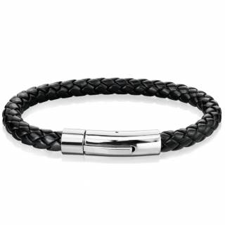 Bracelet homme en cuir tress� noir � attache cylindrique m�tal